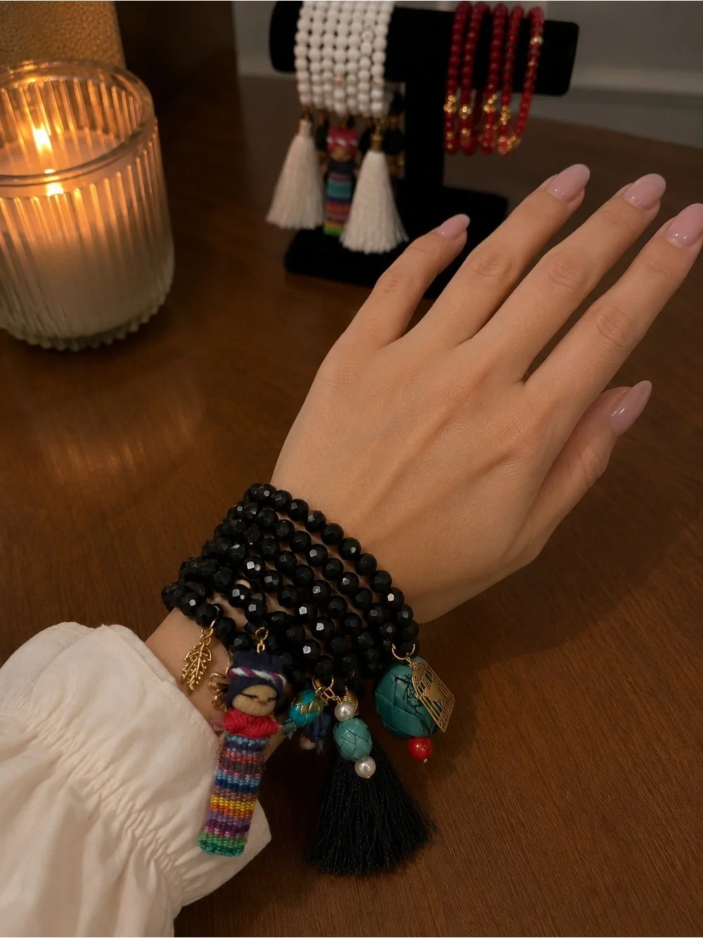 Black Beaded Multi-Charm Wrap Bracelet with Tassel and Bead Charms